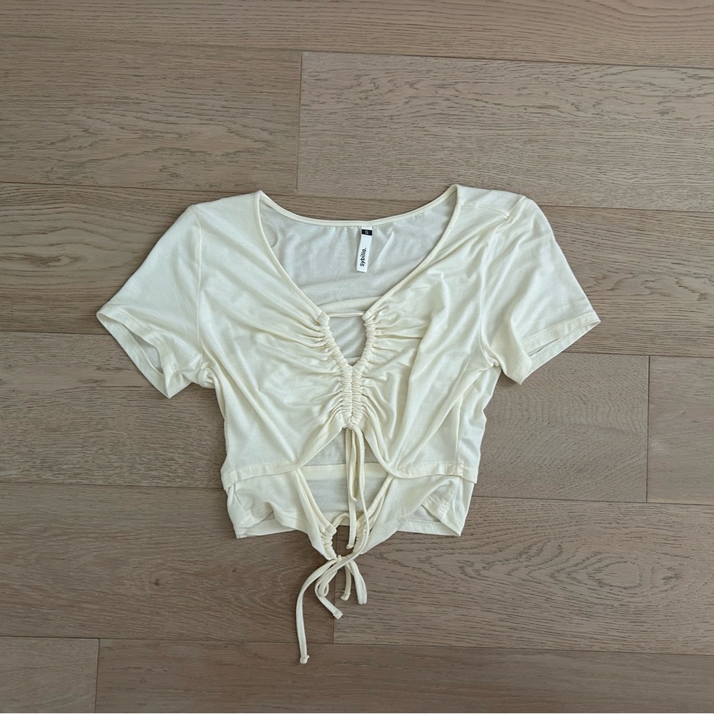 Cream Ruched Tie Front Crop Blouse